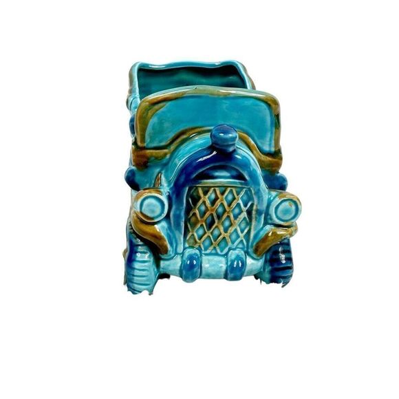 Vintage Rubens Blue Car Buggy Planter Japan Ceramic Footed Retro Whimical Decor - Picture 7 of 10